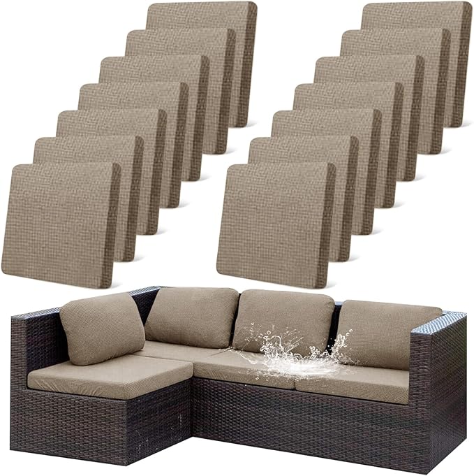 14Pcs Outdoor Stretch Cushion Covers,Waterproof Outdoor Chair Cushion Covers for Patio Furniture, Washable Jacquard Couch Covers Replacement for Patio Furniture(Khaki, Cover Only) by CALBODE