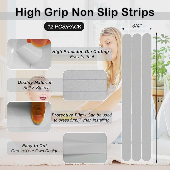 S&X Bathtub Non-Slip Stickers,Gritty Textured Slip-Resistant Treads,Pack of 12 – 0.75 x 11 Inches (Gray) - Image 4