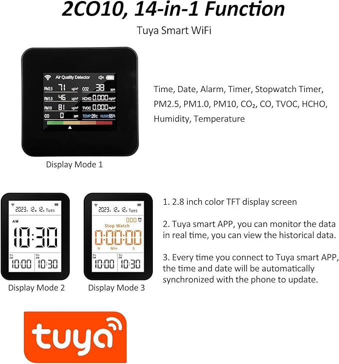 14 in 1 Indoor Air Quality Monitor Air Quality Detector CO₂ CO TVOC HCHO Temperature Humidity PM2.5 PM1.0 PM10 Desktop Air Quality Tester with Time/Date/Alarm Clock/Timer/Stopwatch Support APP Control - Image 4