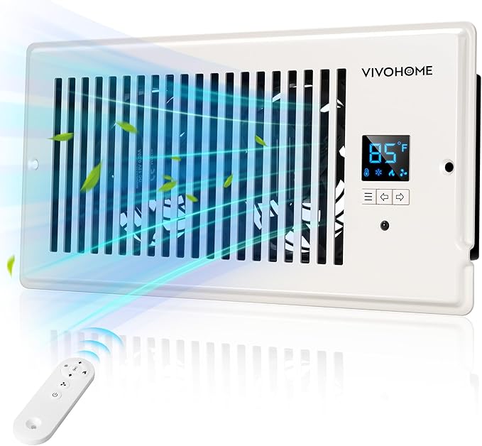 VIVOHOME 4"x10" Opening Smart Vent Register Booster Fan with Intelligent Thermostat & 10-Speed Remote Control - 11.4" x 5.5‘’ Vent Cover for Room, Floor, Wall - White by VIVOHOME