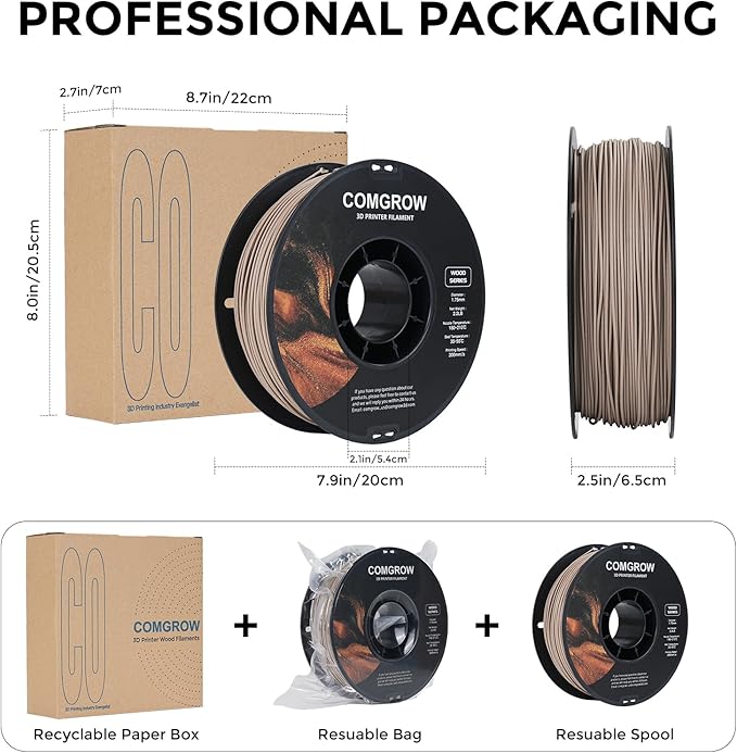 Comgrow Wood Filament 1.75mm, 3D Printing Filament, Wood Textured Filament Fit Most 3D Printers, Support Max. 300mm/s Printing Speed Dimensional Accuracy +/- 0.02mm Filament Light Brown 1KG (2.2lbs) - Image 6