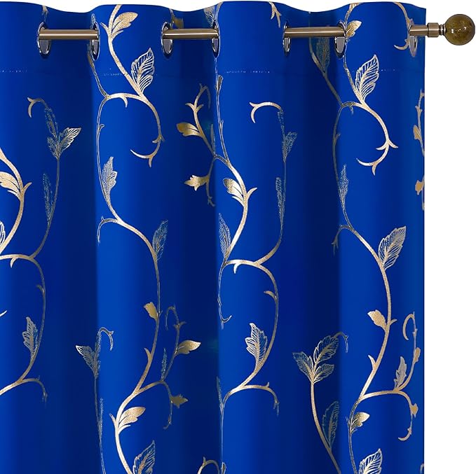 BUHUA Blackout Curtains Gold Foil Print Flower Vine Grommet Drapes, Room Darkening Thermal Insulated Curtains, Noise Reducing Curtain for Bedroom, Royal Blue, 52Wx63L, 2 Panels - Image 2