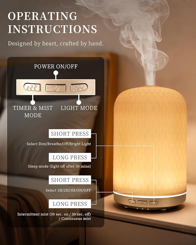 Essential Oil Diffuser for Home, 120ML Diffusers for Essential Oils Large Room, Ceramic Diffuser with USB Cable, Warm Ambient Light, Aromatherapy Diffuser Home Decor, Gift Choice, Pink - Image 5