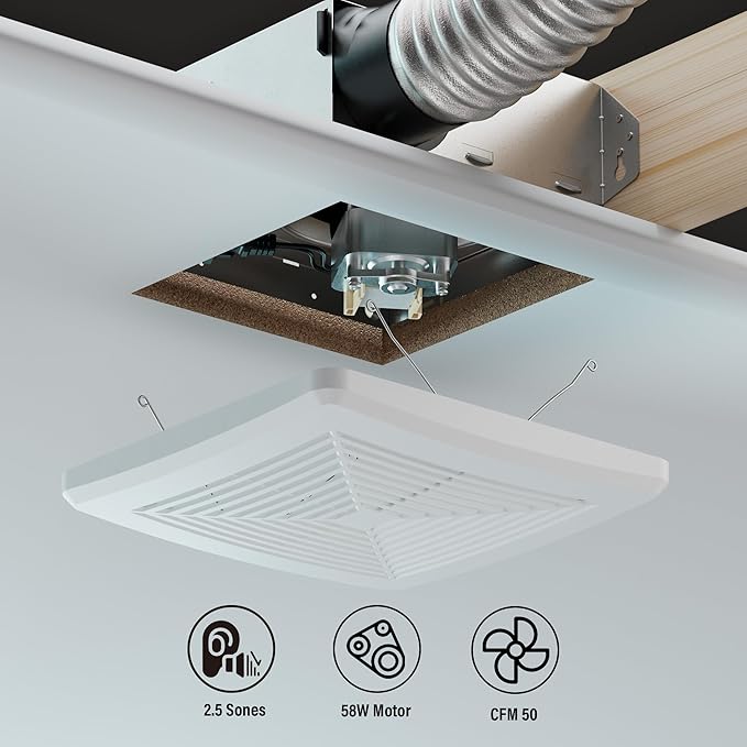 50CFM Bathroom Exhaust Fan: Retrofit Ceiling Bath Vent Fan with Grille, Wall Mount Ventilation Fan for New Building Multi Family, Condo, Apartment and Hotel, ETL, White, 1 Pack - Image 3
