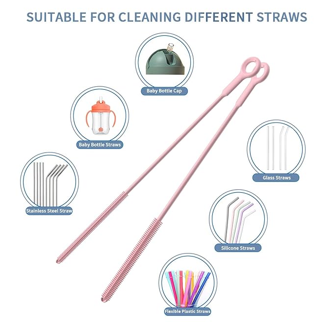 Reusable Silicone Straw Cleaner Brush Set, 2-Pack Extra Long Straw Cleaning Brush for Metal Glass Water Bottle Drinking Straws, Flexible&Bendable Design, Dishwasher Safe, 6mm & 8mm Diameter - Image 7