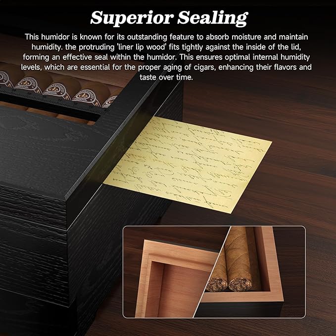 TISFA Cigar Humidor, Cedar Wood Desktop Humidor Box with Digital Hygrometer, Adjustable Humidifier, Accessory Drawer, Divider, Cigar Length Measurement, Glass Top Storage Holder Cigar Case (Black) - Image 5