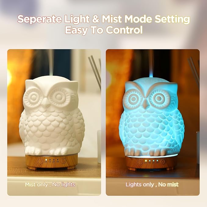Owl Ceramic Aromatherapy Diffuser INRORANS 160ml Stone ultrasonic Cool Mist Scent Essential Oil Diffuser Humidifier with Intermittent Mist & LED 7 Colors Changing Night Light for Bedroom Office Home - Image 5