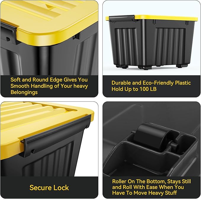 Nazhura 72Quart Plastic Storage Bin, Stackable and Nestable Storage Boxes with White Lids and Secure Latching Buckles, Large Storage Container (Black/Yellow, 72Quart-6Pack) - Image 9