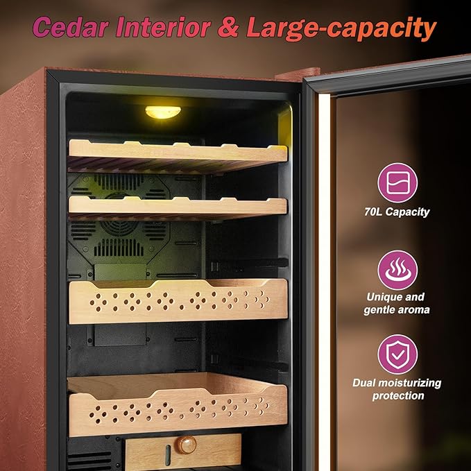 Electric Humidor with Leather-70L Cooling & Heating Humidor, Smart Touch Control Humidity & Temp, Humidors wtih Spanish Cedar Wood Tray and Drawer, Digital Display, Safety Lock, Desktop Gift for Men - Image 3