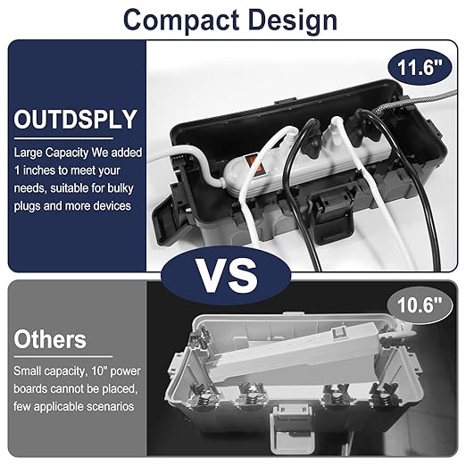 Medium Outdoor Electrical Box (11.6x5.2x4.1 inch), IP54 Waterproof Extension Cord Cover w/ 6 Cable Entry, Weatherproof Connection Box for Power Strip, Plug, Timer, Holiday Lights, Black - Image 3