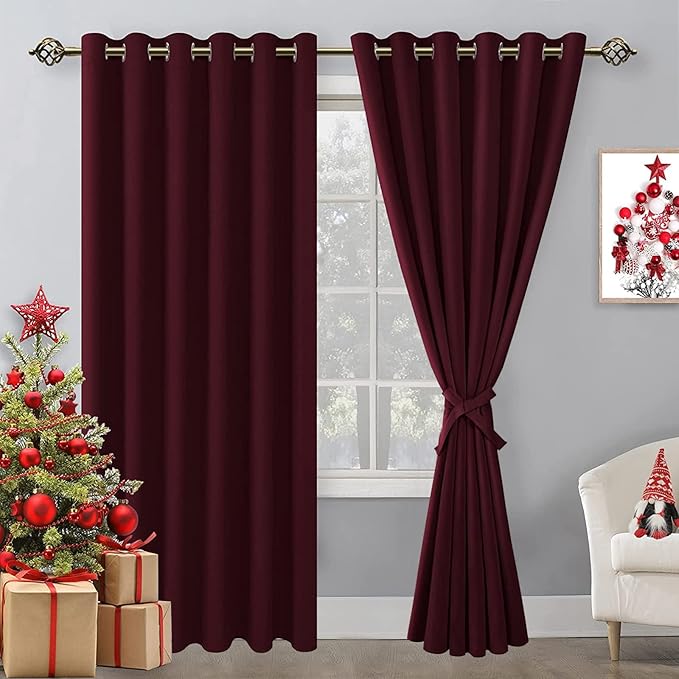 Hiasan Grommet Blackout Curtains for Bedroom, 70 x 84 Inches - Thermal Insulated & Light Blocking Window Drapes for Living Room/Dorm Room Christmas Decor, Set of 2 Panels Sewn with Tiebacks, Burgundy by Hiasan