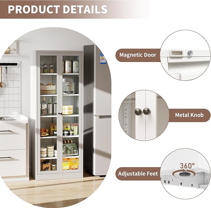 Kitchen Pantry Storage Cabinets with Glass Doors and 5 Adjustable Shelves, 72" Tall Kitchen Cupboard Metal Pantry Cabinet for Home Office Living Dining Room, Assembly Required (White) - Image 7