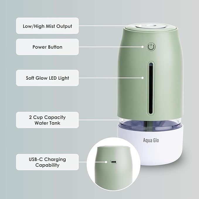 Aqua Glo Personal, Portable Humidifiers for Bedroom – Ultrasonic Cool Mist Humidifier with Built In Rechargeable Battery. Air Humidifier for Baby, Plants, Home, Office, Travel. Mint Green - Image 3