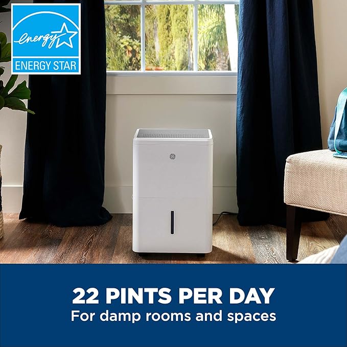 GE Energy Star Portable Dehumidifier for Basement, Bedroom, Bathroom, Closet or Small Rooms up to 1500 Sq Ft, 22 Pint with Removable Bucket and Continuous Drain Connect for Auto or Manual Drainage - Image 2