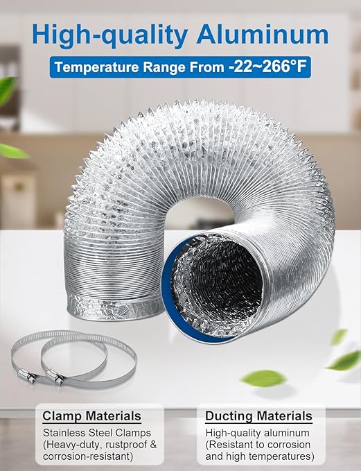 Wathai 4 Inch Flexible Dryer Vent Hose, 10ft Thick Aluminum Foil Ducting Kit for Tight Spaces Crush-Resistant Exhaust Hose with 2 Clamps, Ventilation Duct for Dryer and HVAC Systems - Image 5