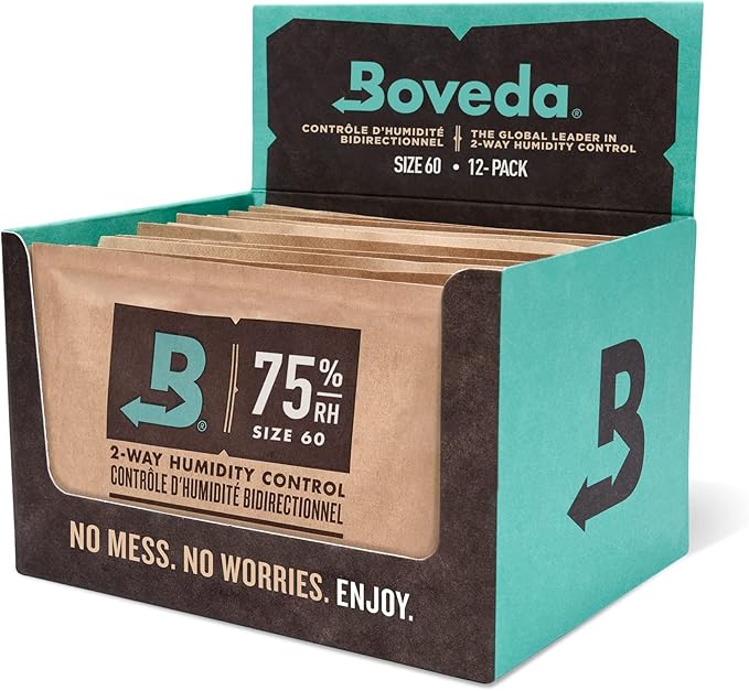 Boveda 75% Two-Way Humidity Control Packs – Size 60 – 12 Pack – Fix Major Moisture Loss/Low RH in Non-Plastic Humidifier – Moisture Absorbers – Individually Wrapped Hydration Packets by Boveda
