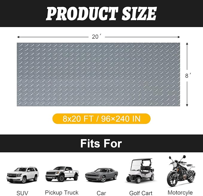 8x20 FT Garage Floor Mat, 2.8mm Thickened Flooring Roll for Under Car Diamond Plate PVC Rubber Mat with 20 Pcs Tapes, Non-Slip Floor Mat for Garage, Warehouse, Gyms, Trailer, Gray - Image 2