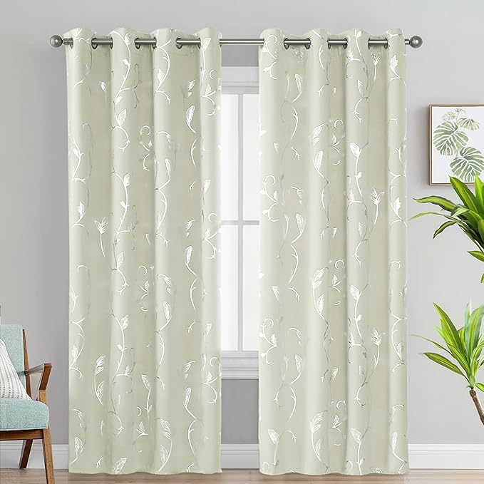 BUHUA Blackout Curtains Silver Foil Print Flower Vine Grommet Drapes, Room Darkening Thermal Insulated Curtains, Noise Reducing Curtain for Bedroom, Cream, 52Wx72L, 2 Panels - Image 2
