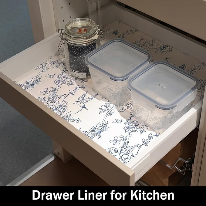 White and Blue Non-Slip Shelf Liner,16IN x 10FT Non-Adhesive and Strong Non-Slip Floral Shelf Cabinet Drawer Liners for Kitchen, Waterproof Cupboard Liners,Easy to Clean - Image 3
