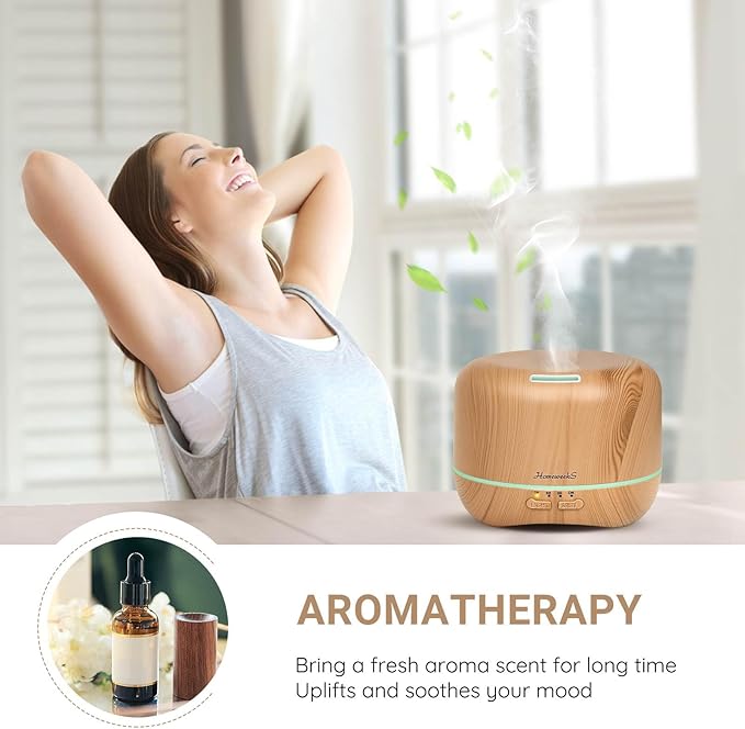 Homeweeks 300ml Essential Oil Diffuser, Quiet Aromatherapy Mist Diffusers for Essential Oils, Wood Grain, Ultrasonic, Remote Control, Timer, 7 Colors Light for Bedroom (300ml Yellow Wood Grain) - Image 3