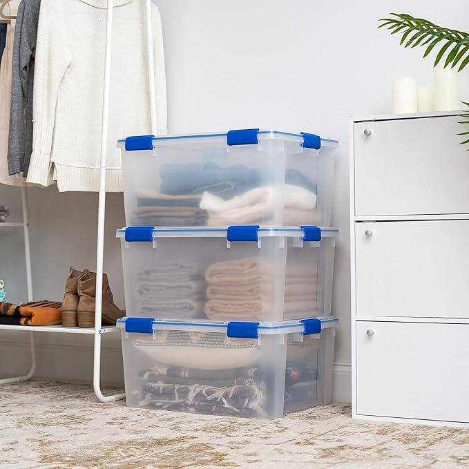 IRIS USA 60 Quart WEATHERPRO Plastic Storage Box with Durable Lid and Seal and Secure Latching Buckles, 3 Pack, Weathertight, Keep Pest Dust and Moisture Out, for Oversized Bulky Items, Clear/Blue - Image 5