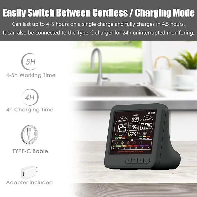 Professional Indoor Air Quality Monitor with 7X AQI Alarms,16 in 1 Portable Real-Time Detector for PM2.5 | PM10 | CO2 | TVOC | HCHO | Temp | Hum for Home Cars Plants Pets (Black) - Image 8