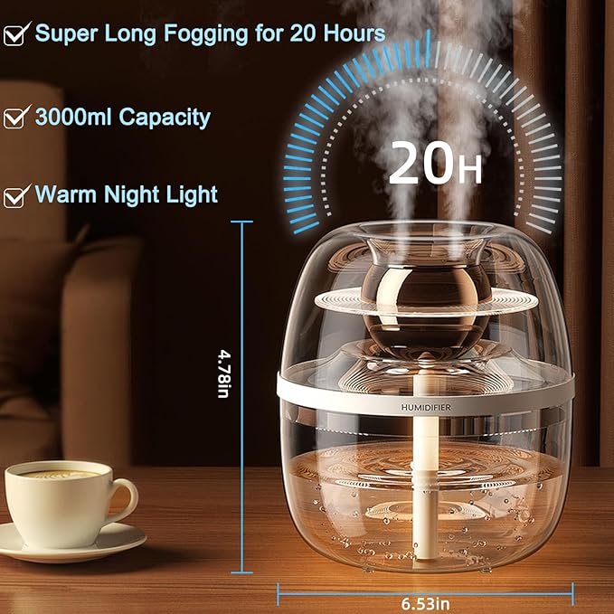 JINGYAN Dreamzy 3L Ultrasonic Cool Mist Humidifier - Transparent Tank, Easy to Clean, Dual Spray for 20H Quiet Mist Time, Night Light, Auto Shut-Off for Large Bedroom, Office, Plant Care (Green) - Image 2
