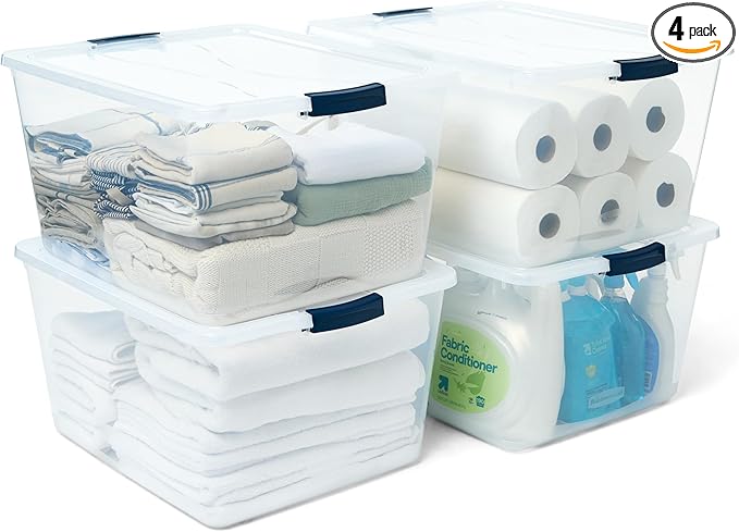 Rubbermaid Cleverstore 71 Qt Clear Storage Bins with Lids, 4-Pack, Stackable, BPA-Free, Made in USA by Rubbermaid