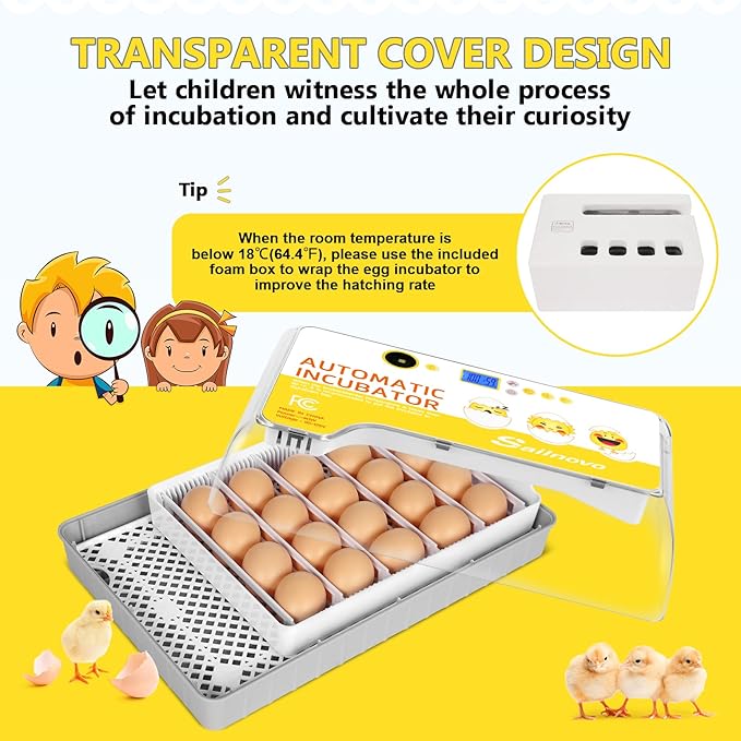 Sailnovo Egg Incubator, 20-60 Eggs Fully Automatic Poultry Hatcher Machine with Humidity Display, Candler, Temperature Control & Turner, for Hatching Chickens Quail Duck Goose Turkey Bright Yellow - Image 5
