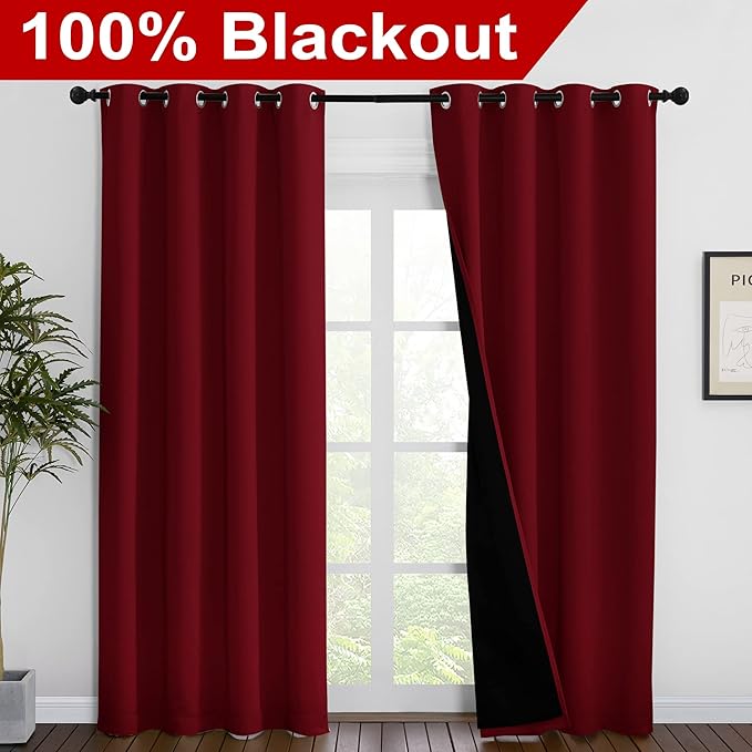 NICETOWN 100% Blackout Curtains with Black Liner Backing, Thermal Insulated Curtains for Living Room, Noise Reducing Drapes for Christmas, Burgundy Red, 55 inches x 86 inches Per Panel, Set of 2 - Image 2