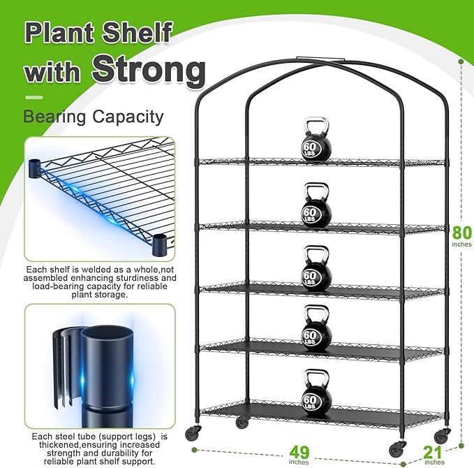 Abimars 5-Tier Greenhouse with Grow Light, Shelf Height Adjustable Metal Plant Shelf with PVC Cover and Wheels, Includes 5-Pack 2900K Full Spectrum Plant Lights, 21x49x80inch - Image 2