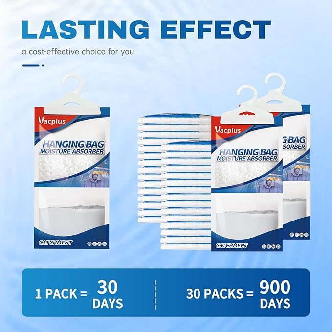 Vacplus Moisture Absorbers 30 Pack, Fragrance Free Hanging Humidity Packs with Sturdy Hook, Effective Closet Dehumidifier for Bathroom, Laundry Room, Basement, 9.8Oz - Image 3