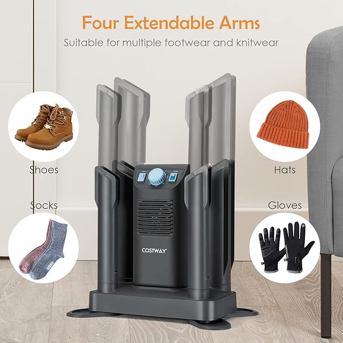 COSTWAY Boot Dryer, Shoe Dryers with 180 Mins Timer & Heating Blower, Ozone Disinfection, Extendable Design, Electric Shoe and Boot Warmer for Work Boots, Ski, Glove, Hats, Grey - Image 5