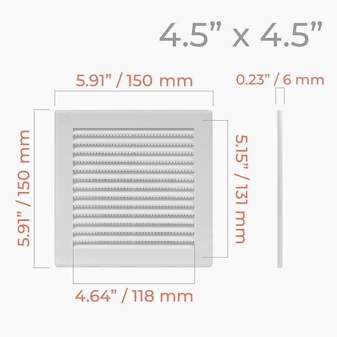 10-Pack 6" x 6" (Outer Size) Square Air Vent Cover – White Plastic Vent Deflector - Screen Mesh, Surface Mount Wall Ceiling – Cold Air Return Soffit Air Vent Cover - Register Indoor Outdoor - Image 4