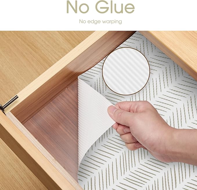 Glotoch Shelf Liners for Kitchen Cabinets, 12in x 20FT Non-Adhesive Liners for Shelves,Non Slip Waterproof Contact Paper for Drawers Pantry EVA Wire Shelf, White and Beige Herringbone - Image 3