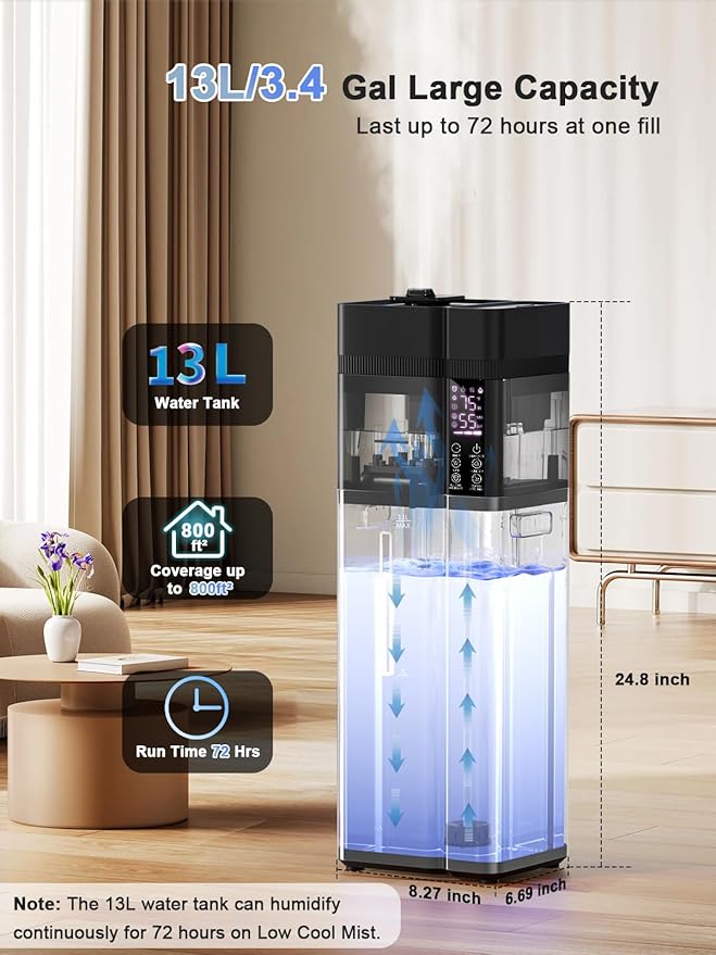 13L/3.4Gal Humidifiers for Bedroom, Ultrasonic Warm & Cool Mist Humidifier Large Room, Covers 800ft², 72H Runtime, 24H Timer, 3 Mist Modes Top Fill Quiet Humidifiers for Home, Office, Black - Image 4