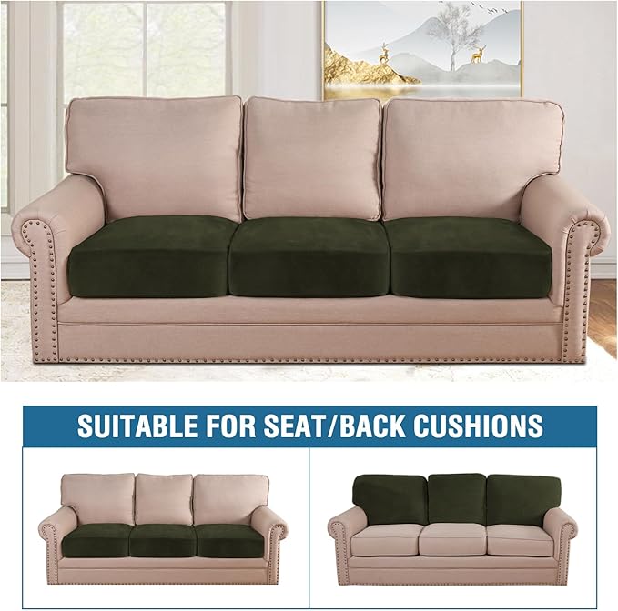 H.VERSAILTEX Velvet Stretch Couch Cushion Cover Plush Cushion Slipcover for Chair Loveseat Sofa Cushion Furniture Protector Seat Cushion Sofa Cover (3 Piece XL Sofa Cushion Covers, Olive) - Image 3