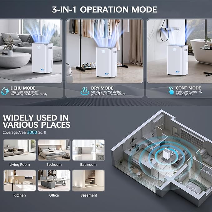 3000 Sq.Ft Wi-Fi Dehumidifiers for Home, 34 Pints Energy Star Certified Smart Dehumidifier for Basement, Bedroom, Bathroom, with Drain Hose, 3 Modes,24H Timer,Auto Defrost, Child Lock - Image 7