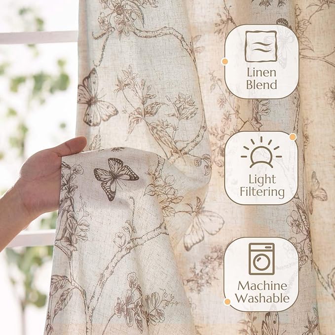 jinchan Floral Curtains Lined Linen Blend Curtain for Living Room 96 Inch Length Taupe Farmhouse Flower Patterned Curtain French Country Curtains Drapes Back Tab Rod Pocket 2 Panels - Image 2