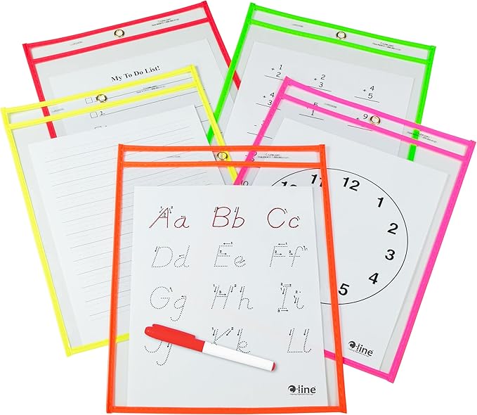 C-Line Reusable Dry Erase Pockets, 9 x 12 Inches, Assorted Neon Colors, 25 Pockets per Pack (40820) by C-Line