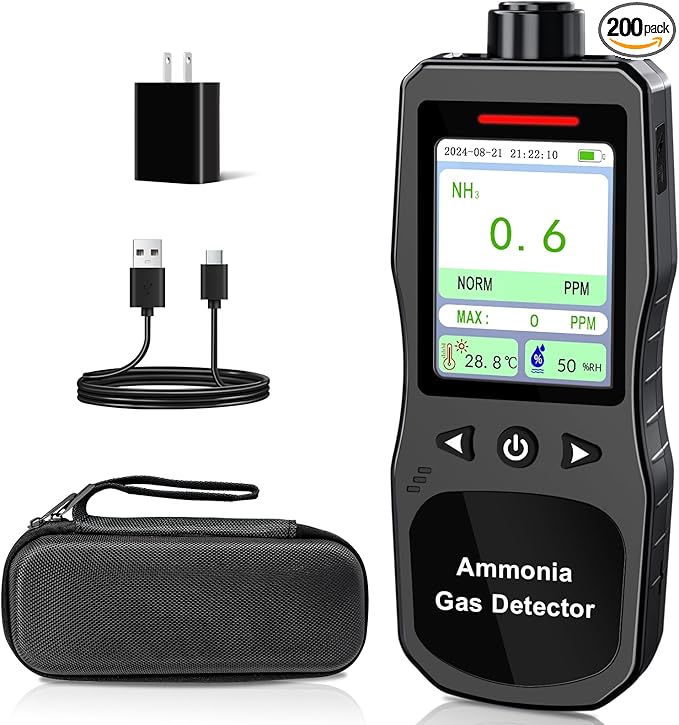 Portable Ammonia Gas Detector, 0-200 PPM Rechargeable Ammonia Gas Monitor, Digital Air Quality NH3 Gas Meter with Temperature Humidity Tester for Farm, Poultry, Pig & Livestock by ZYKYCX