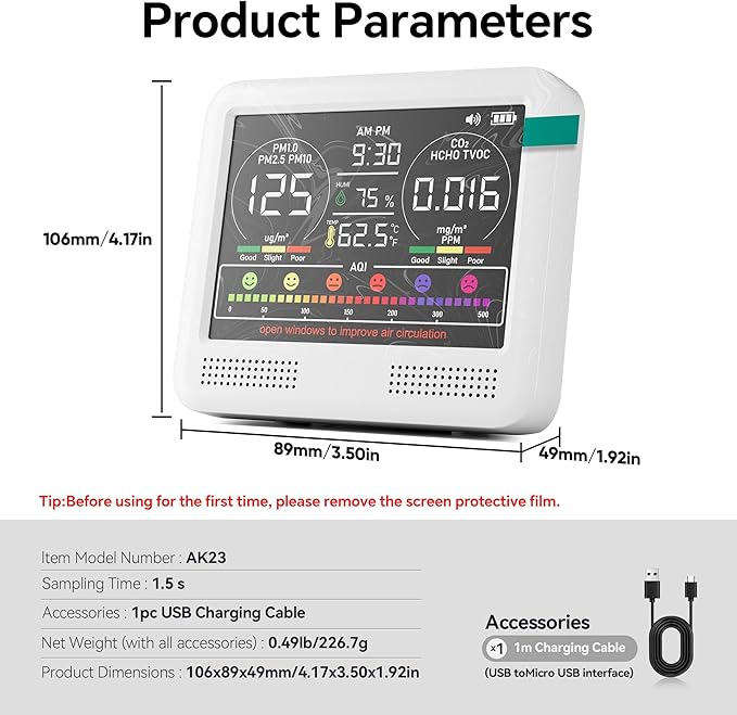 16-in-1 Air Quality Monitor Indoor with 7AQI Beep Alarm, CO2 Monitor, Air Quality Detector with PM1.0 | PM2.5 | PM10 | Temp | HUM | Formaldehyde | VOC Tester for Home Office Plant - Image 7