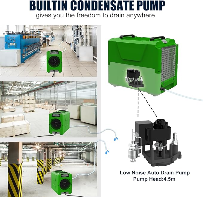 Mounto 150 Pints Compact Commercial Dehumidifier, LGR Technology, Built-in Pump, ETL Certified, Ideal for Large Spaces, Water Damage Restoration, Industrial Use (Green) - Image 4