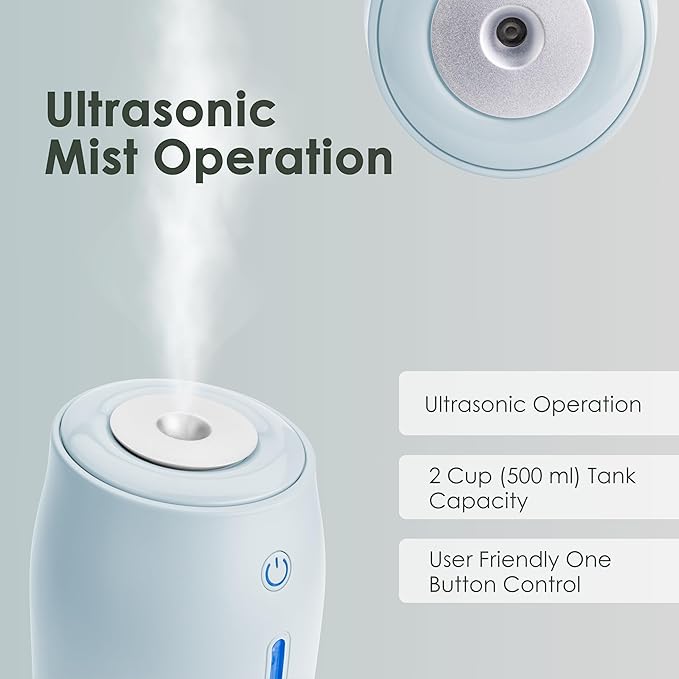 Aqua Glo Personal Humidifier – Ultrasonic Cool Mist, Rechargeable Battery for 15 Hours Use, 2-Cup Water Tank, Quiet Operation. Ideal for Travel, Office, Bedroom, Plants, and Home. Blue Mist - Image 6