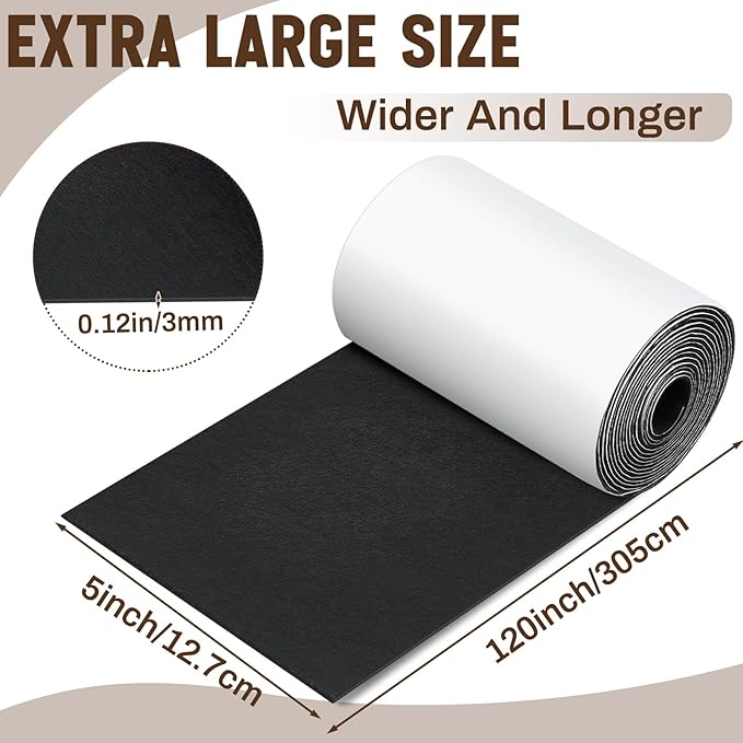 Large Felt Furniture Pads 5 x 120 Inch Non Slip Self Adhesive Heavy Duty Cuttable Strip Roll Felt Sheet Tape for Protecting Hardwood Floors Chair Wall, Black - Image 2