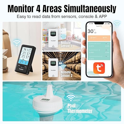 Raddy PT-3 Wi-Fi Pool Thermometer Floating Easy Read with 2 Additional Remote Sensors, APP Remote Monitor, Large Digital Display, Rechargeable, Wireless Hygrometer Thermometer for Indoor Outdoor - Image 6