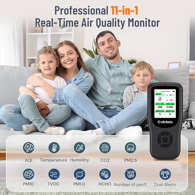 LifeBasis Air Quality Monitor Indoor, 11-in-1 Air Quality Detector with Stand, Real-Time Air Meter Test AQI, PM1.0, PM2.5, PM10, CO2, TVOC, HCHO, Particles, Temperature and Humidity, Dual Alert -Black - Image 2