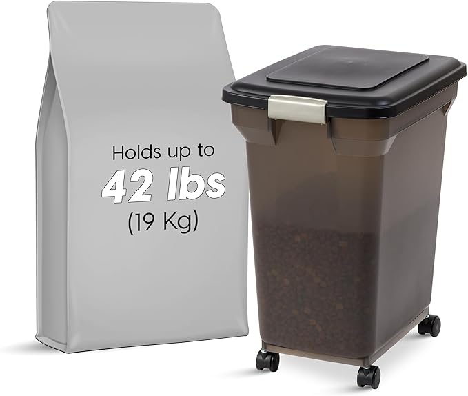IRIS USA Airtight Dog Food Storage Container, WeatherPro, Up to 40 lbs, Removable Wheels, for Dog Cat Bird and Other Pet Food Storage Bin, Keep Fresh, Translucent Body, Made in USA, Smoke/Black - Image 2