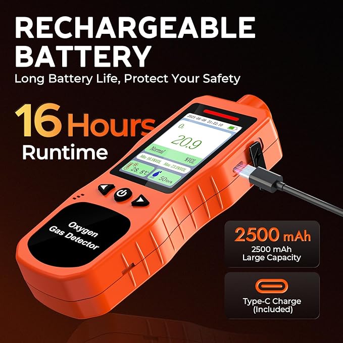 Portable Oxygen Detector, Rechargeable O2 Monitor with Sound, Light, Vibration Alarms, Oxygen Air Quality Meter Measures Temperature & Humidity for Indoor Outdoor Use - Image 5
