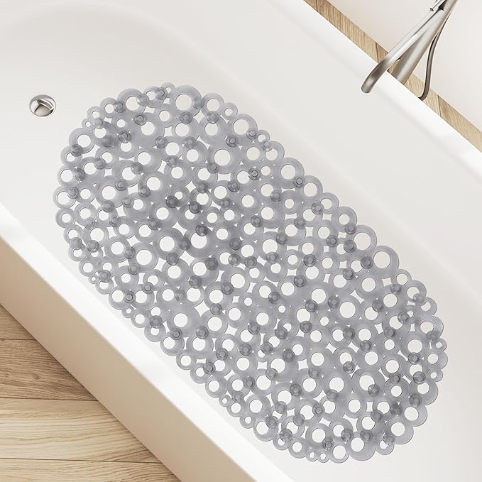 WELTRXE Oval Bathtub Mat Non Slip, Grey Bubbles Bath Mats for Tub, Shower Mat with Drain Holes, Suction Cups, Machine Washable Bath Tub Mat, BPA, Latex, Phthalate Free for Bathroom, 27 x 14 Inch - Image 7